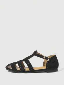 HighSole 25款春夏新款镂空编织圆头复古设计平底女鞋 - 黑色 - 查看 2