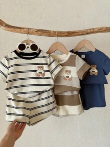 SHEIN 6件套男女宝宝夏季可爱卡通熊条纹短袖T恤和短裤套装，基础款服装套装 - 彩色 - 查看 5