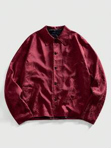 ROMWE MEN Street Life 男士酒红色裂纹印花纽扣翻领夹克，秋季