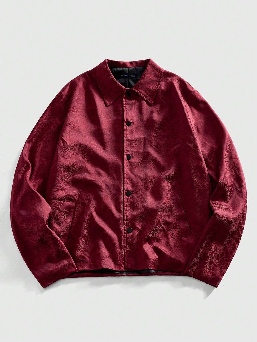 ROMWE MEN Street Life 男士酒红色裂纹印花纽扣翻领夹克，秋季