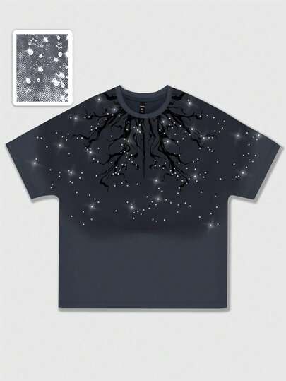 Men's Street Life Rhinestone Print Short Sleeve T-Shirt, Rave