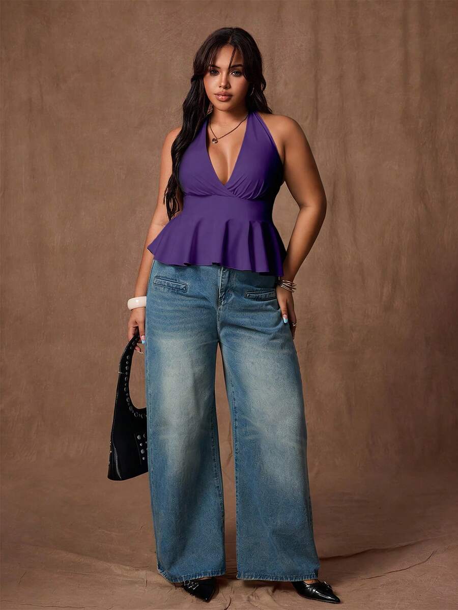 Rustia Áo tank top cổ yếm màu trơn dành cho nữ cỡ lớn, thích hợp mặc thường ngày và đi làm. - Màu tím  Violet - Xem 1