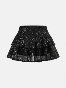 SHEIN 少女时尚街头休闲黑色亮片抽绳褶皱腰蛋糕裙，Y2K - 黑色 - 查看 4