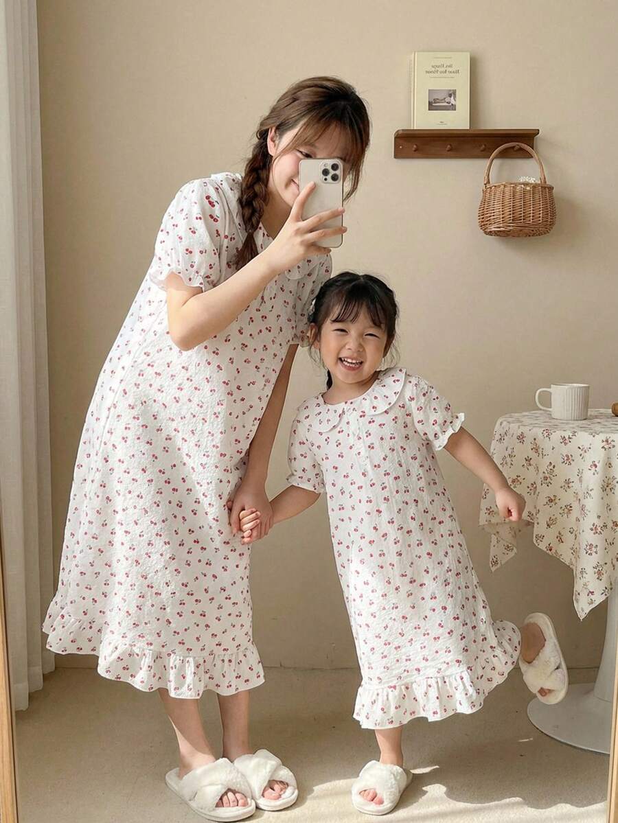 Tween Girl Floral Puff Sleeve Ruffle Hem Nightgown - White - View 1