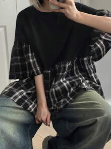 FRIFUL Women's Plaid Short Sleeve Loose Casual Versatile T-Shirt, Spring/Summer - Black - View 6