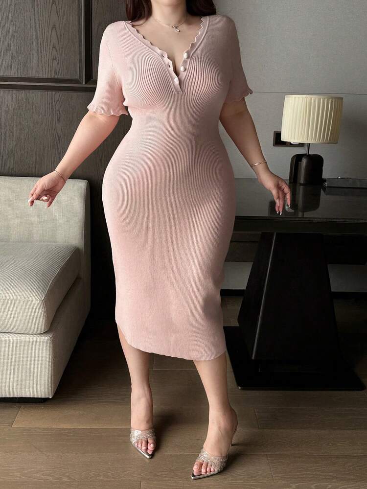 Dazy Plus Plus Size Solid Color V-Neck Short Sleeve Fitted Long Elegant Pink Sweater Dress Maxi Dress