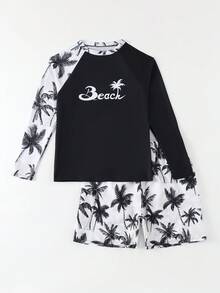 SHEIN 13-16岁青少年男孩长袖冲浪泳衣套装，沙滩椰树印花泳装，适合夏季学生海滩度假，酷炫男童泳装 - 彩色 - 查看 8