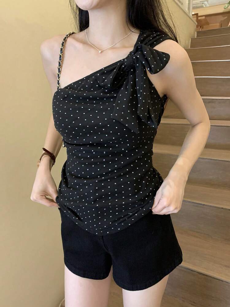 Women's Polka Dot One Shoulder Short Sleeve T-Shirt, Chic Holiday Style, Casual Korean Street Fashion, Spring/Summer