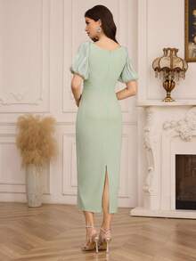 Modelyn Elegant Beaded Puff Sleeve Fitted Women's Fashion Dress - Mint Green - View 2