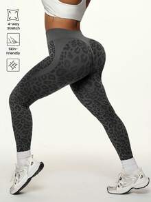 SHEIN Sports 大码女式豹纹提花高腰打底裤 - 深灰色 - 查看 4