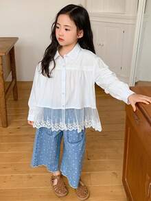 Dazy Kids 女童蕾丝拼接翻领长袖纯色衬衫，春秋季 - 白色 - 查看 6