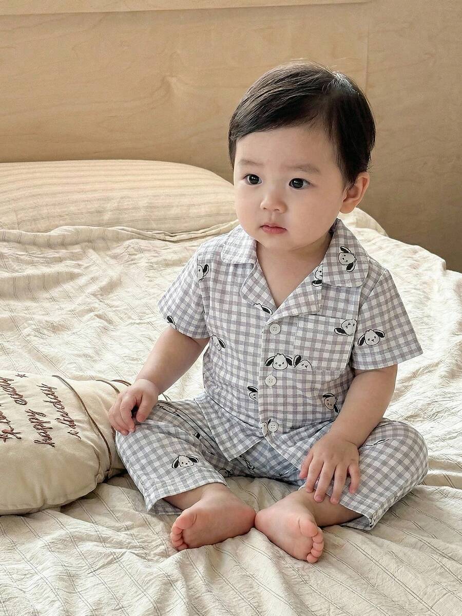 Baby Boys Pajamas-2 Pieces Pajama Set Summer Grey Gingham Puppy Print Short Sleeve Button Down Shirt With Collar Elastic Waist Long Pants Toddler Sleepwear Lightweight Holiday 2026 Must Have Cute Gift Home Travel - Grey - View 1