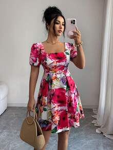 SHEIN Raffinéa Women Floral Print Square Neck Keyhole Puff Sleeve Short Dress - Multicolor - View 4
