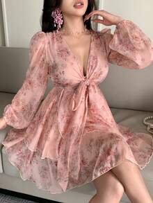 DAZY French Style Pink Floral V-Neck Long Sleeve Dress, Tie-Waist Chiffon A-Line Mini Dress, Spring - Baby Pink - View 7