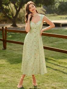 Vintamour Vintage Classic Elegant Floral Print Fit & Flare Dress With Wide Straps, Flared Hem And Buttons, Green Dress For Women, Spring/Summer - Gray green - View 4