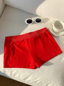 Comfortcana Quần short nữ dáng rộng, thắt dây eo, in số, kiểu dáng thường ngày. - Đỏ - Xem 2