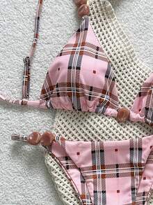 Swim Mod Summer Women 2pcs Gingham Print Beaded Spaghetti Strap Crop Top & Ruched Bikini Bottom Swimsuit Set - Multicolor - View 5