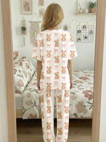 Cute Cream Pink ❤ Adorable INS Style, BM Sweet Pink Bow Bear Print Pattern, 2026, Teen Girl Casual Loose Minimalist Round Neck Drop Shoulder Short Sleeve Pants Pajamas Set, Suitable For Spring/Summer - Multicolor - View 2
