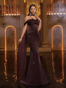 Glamrae Elegant Crafted Floral Lace Collar Structural Splice Ruffle Hem Flared Hem Cocktail Party Dress, Evening Dress, Lightweight Mesh Dress - Coffee Brown - View 5