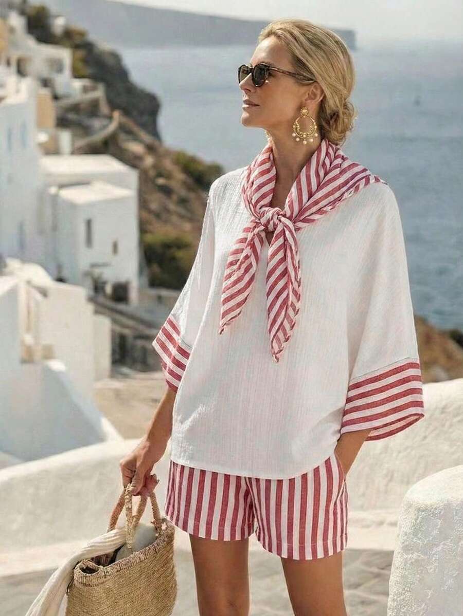 Balvessa Conjunto informal de 2 piezas de shorts holgados con rayas y contraste de color para vacaciones - Rojo y blanco - Ver 1