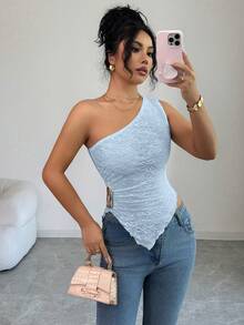 SHEIN Elenzya 女士新款春夏秋季休闲通勤旅行上衣，纹理面料，不对称下摆，不对称斜肩设计，侧边金属装饰，适合女性在秋季、情人节、新年、假期、万圣节、圣诞节等场合穿着。 - 淺藍色 - 查看 7