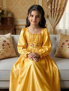 SHEIN Đầm dài tay cổ vuông thời trang và thanh lịch dành cho bé gái tuổi teen - Màu vàng - Xem 7