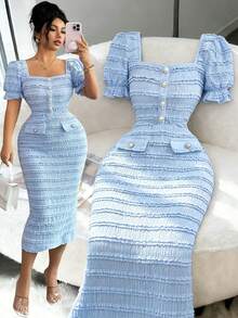 Elenzga Mẫu đầm midi ôm dáng, tay ngắn, cổ vuông, chất liệu dệt kim, kiểu dáng thanh lịch, đa năng, mới về dành cho nữ. - Màu xanh lam - Xem 1