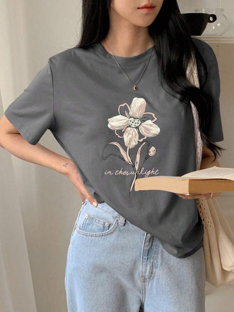 Women Loose Casual Printed T-Shirt, Beach Vacation Style, Summer Cute Tops Floral