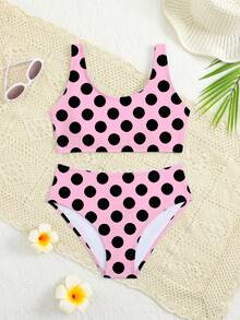 SHEIN 两件套女童泳衣套装，黑色波点印花，修身款，适合度假、海滩、夏季穿着。高腰比基尼套装，适合青少年女孩。两件套波点比基尼，适合青少年女孩的沙滩装。 - 彩色 - 查看 2