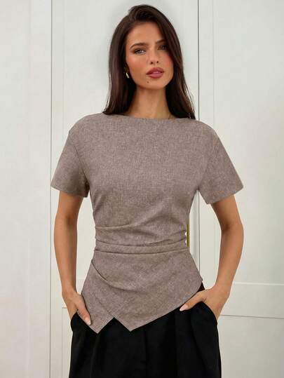 Aloruh Women's Blue & White Striped Asymmetric-Shoulder Tie Neck T-Shirt, Suitable For Beach Vacation, Spring/Summer Office Tops Women Business Casual Tops Woman Light Brown Top