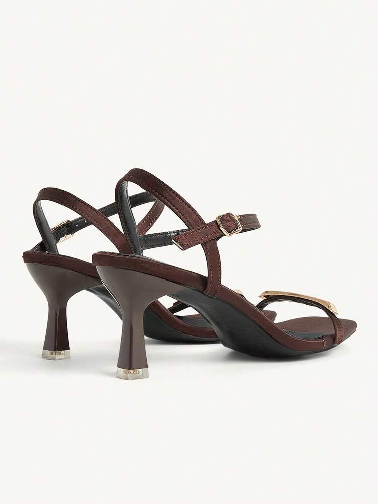 CUCCOO CHICEST Women Shoes Brown Square Toe Kitten Heel Sandals, Simplistic Commute Style Metal Strap Decor, Fashion Blogger Versatile For Christmas Valentine's Day Elegant Shoes Wedding Shoes Summer Shoes Bride Shoes