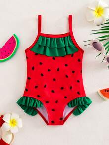 Baby Girl Patchwork Ruffled Hem Casual Beach Vacation Spaghetti Strap One-Piece Swimsuit - Red - View 1