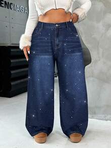 Dripcurv 大码女式黑色复古水洗休闲宽松直筒牛仔裤，镶钻黑色牛仔裤，新年服装，圣诞节。 - 深色水洗藍 - 查看 5