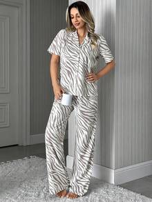 SHEIN Women Cotton 2 Pcs Button Front Detail Leopart Pattern Short Sleeved Shirt&Long Pants Homewear Lounge Set - Multicolor - View 7