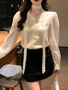 DAZY Women's Autumn French Style V-Neck Halter Ribbon Shiny Loose Casual Versatile Long Sleeve Blouse Spring - White - View 3