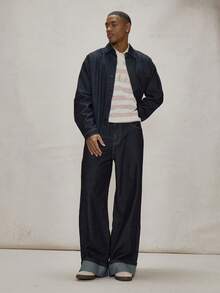 Musero 宽松阔腿卷边牛仔裤，撞色缝线，纽扣腰带环细节，冬季必备单品 - 深色水洗藍 - 查看 1