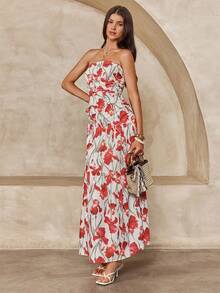 Enchnt 女士优雅蕾丝长款抹胸连衣裙，夏季 - 玫紅色 - 查看 6