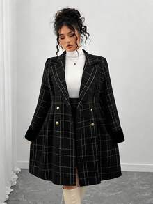 Elenzga Plus Size Women's Fashionable Retro Elegant Double-Breasted Wool Coat, Versatile For Daily Wear, Minimalist And Commuter Style - Black - View 3