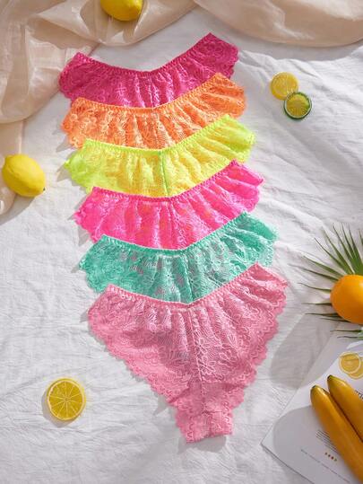 Eraneu 6pcs/Pack Women's Elegant Solid Color Lace Bikini Panties