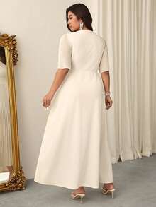 Firerie Vestido de fiesta elegante con cuello en V y cintura fruncida para mujer de talla grande - Albaricoque - Ver 7
