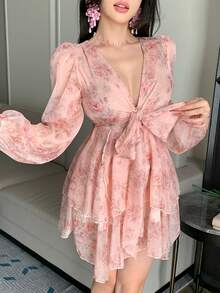 DAZY French Style Pink Floral V-Neck Long Sleeve Dress, Tie-Waist Chiffon A-Line Mini Dress, Spring - Baby Pink - View 5