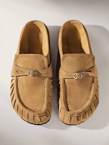 Solecia 复古时尚褶皱金属扣棕色舒适休闲平底鞋，女士款，适合通勤、约会、派对、度假、婚礼等场合。 - 卡其色 - 查看 1