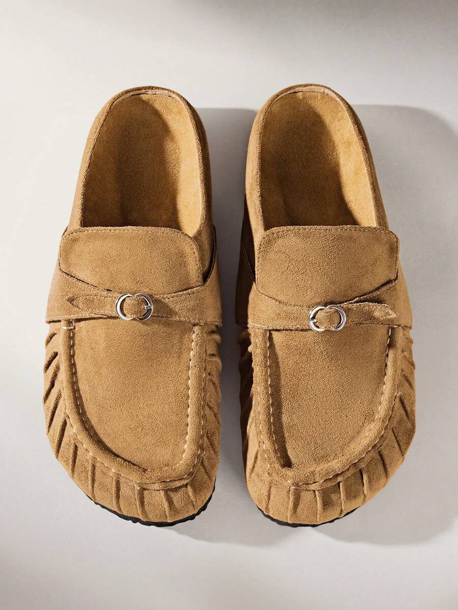 Solecia 复古时尚褶皱金属扣棕色舒适休闲平底鞋，女士款，适合通勤、约会、派对、度假、婚礼等场合。 - 卡其色 - 查看 1