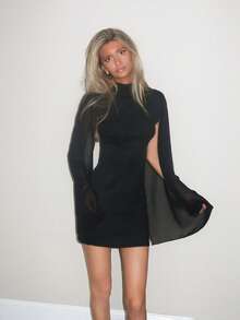 Sydney Algeri Mini Slim-Fit Stand Collar Cape Solid Color Dress Fall Cloth For Women - Black - View 4