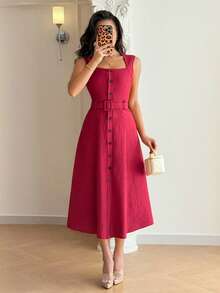 Rafferiza 女士纯色天鹅领单排扣无袖中长连衣裙 - 紅色 - 查看 4