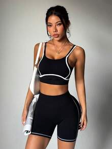 Dewbera Dewbera 2pcs/Set Seamless High Elasticity Sports Fitness Yoga Bra And Shorts Set - Black - View 3