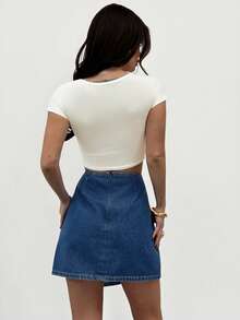 Firerie تنورة جينز كاجوال للنساء مزينة بفيونكة وإكسسوارات من الراين، تنورة أنيقة لحفلات الصيف والعطلات - أزرق داكن - مشاهدة 2
