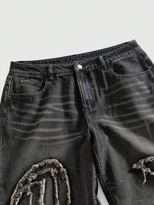 ROMWE MEN Street Life 男士刺绣星月图案牛仔裤 - 黑色 - 查看 3