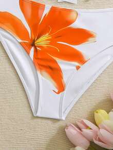 Teen Girls3pieces,Orange Flower Print Fitted,Bikini Sets And Cover Ups,Bikini Sets Beach Wear,Travel,Relax,Sunbathing,Water-Resistant,Sun,Summer,Anti-Uv,Sun Protection,Swim,Beach,Sea,Holiday,Vacationsummer - Multicolor - View 5