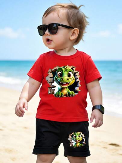 2pcs/Set Toddler Boys' Casual Dinosaur Graphic Print Short Sleeve T-Shirt And Shorts Set, Comfortable Daily Wear, Spring/Summer